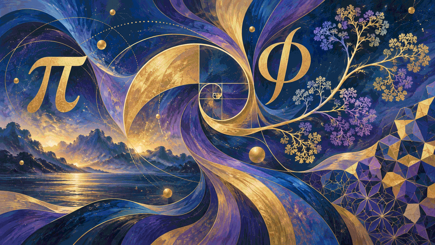 Abstract illustration combining mathematical symbols, spirals, patterns, and artistic elements