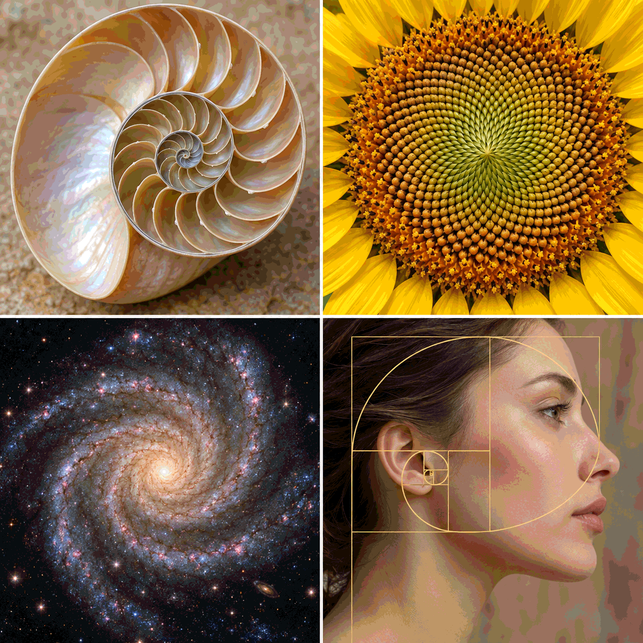 Examples of golden ratio found in nature: shell, sunflower, galaxy, and facial proportions