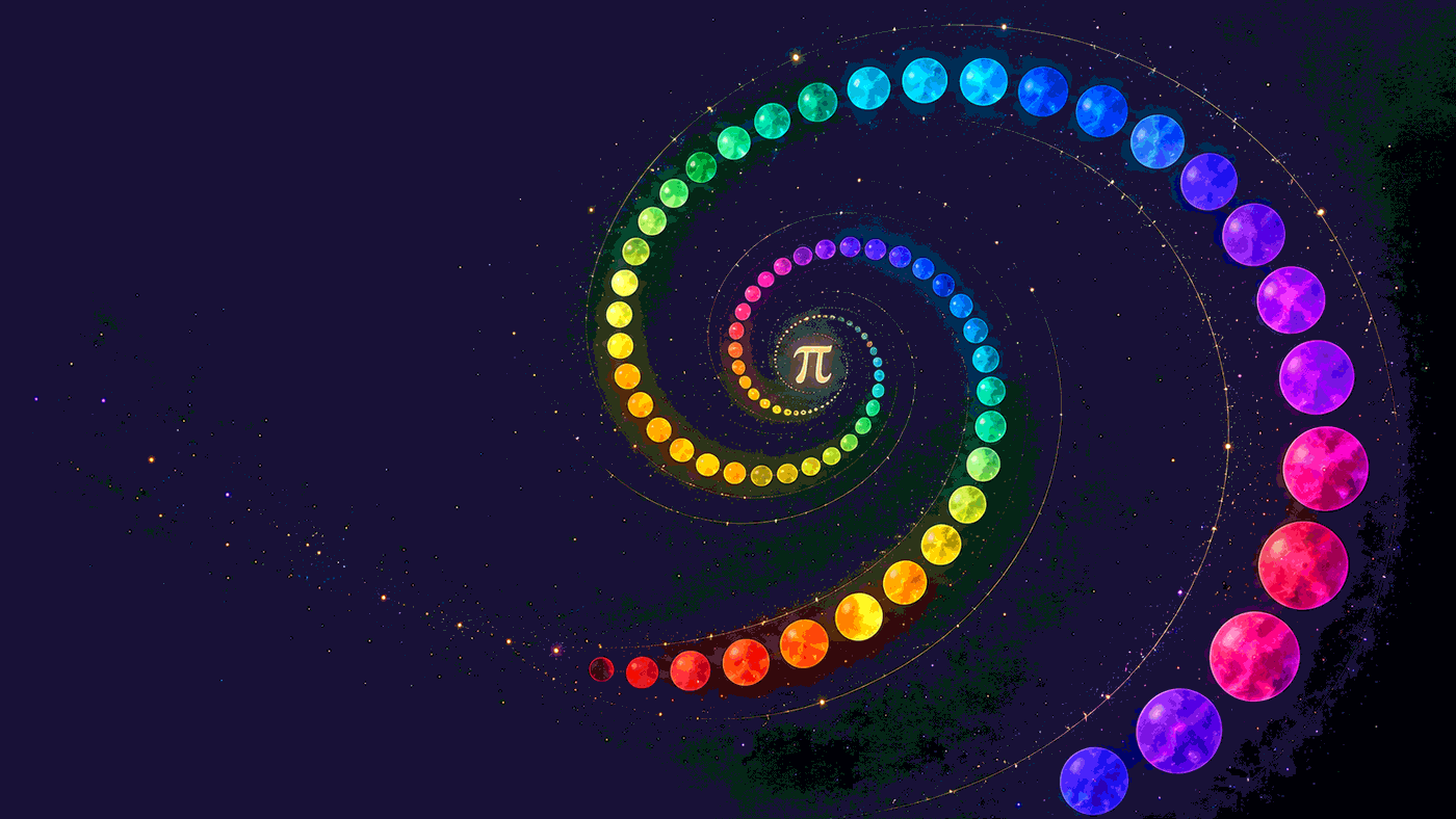 The first 100 digits of pi represented in a colorful spiral arrangement